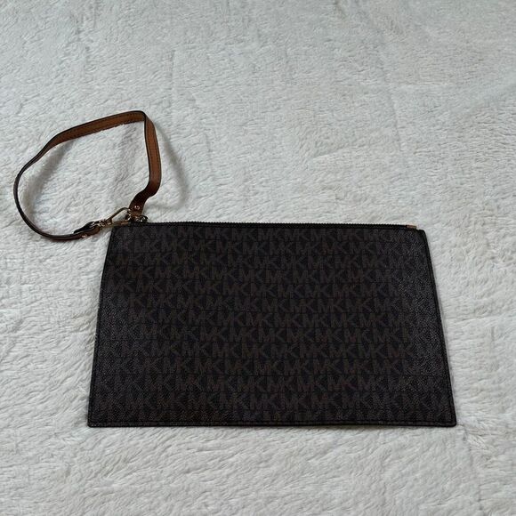 Michael Kors Monogram 3 Piece Jet Set Brown Tote Wristlet Reversible Shoulder Ba - Picture 13 of 16